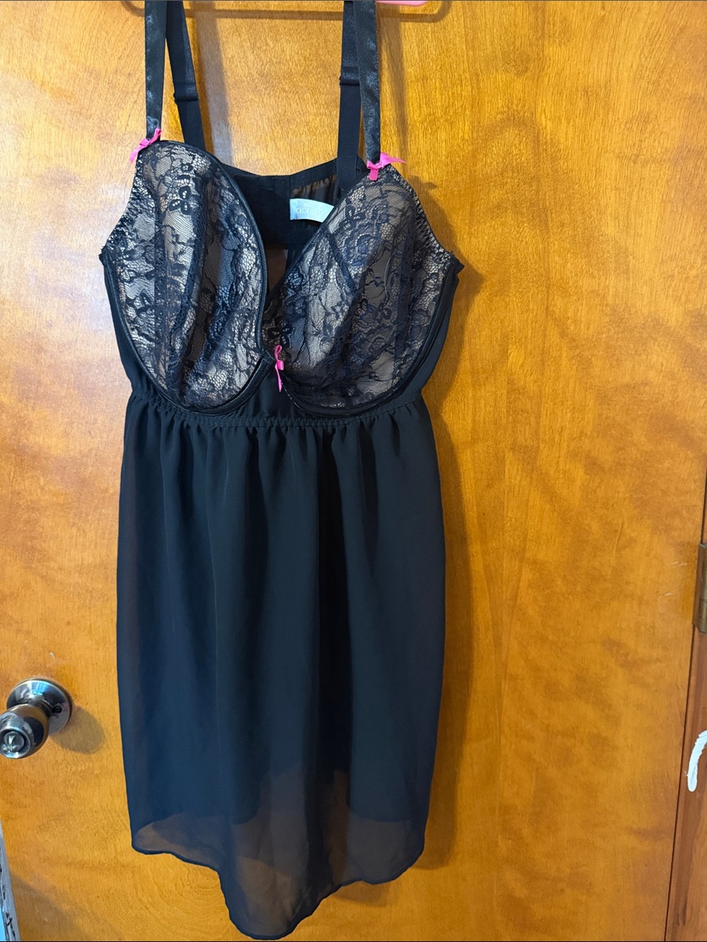 Cacique Black Lace Chemise with Pink Bow Accents